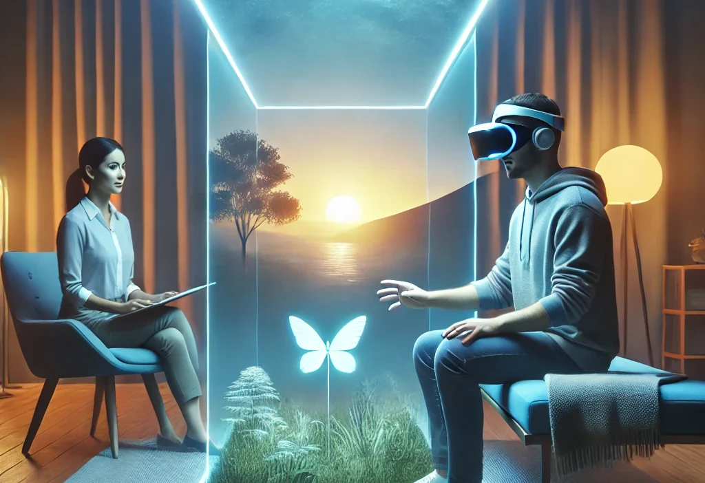 A futuristic therapy session using virtual reality. A person wearing a VR headset sits in a calming therapy room, interacting with a serene virtual en