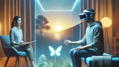 A futuristic therapy session using virtual reality. A person wearing a VR headset sits in a calming therapy room, interacting with a serene virtual en